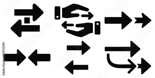 A black silhouette of a  design handoff arrows icon set. Simple graphic element.