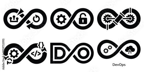 A black silhouette of a  devops infinity loop icon set. Simple graphic element.