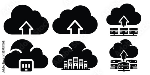 A black silhouette of a  hosting service cloud icon set. Simple graphic element.