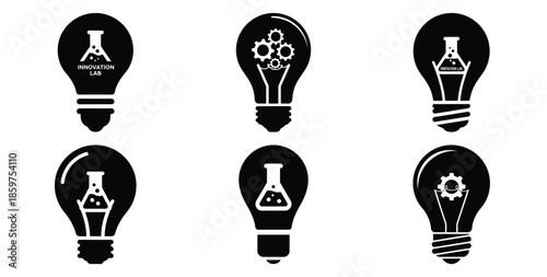 A black silhouette of a  innovation lab bulb icon set. Simple graphic element.