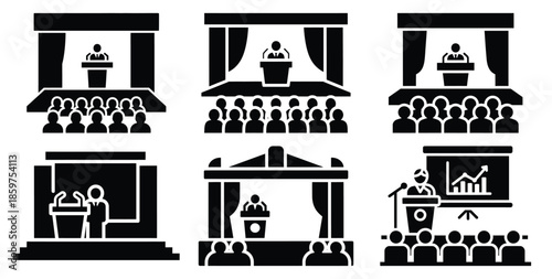 A black silhouette of a  industry conference stage icon set. Simple graphic element.