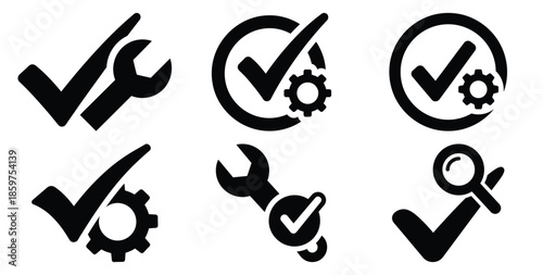 A black silhouette of a  issue resolution check icon set. Simple graphic element.