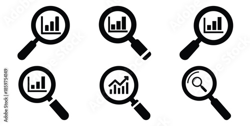 A black silhouette of a  keyword research magnifier icon set. Simple graphic element.