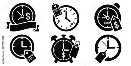 A black silhouette of a  limited deal clock icon set. Simple graphic element.