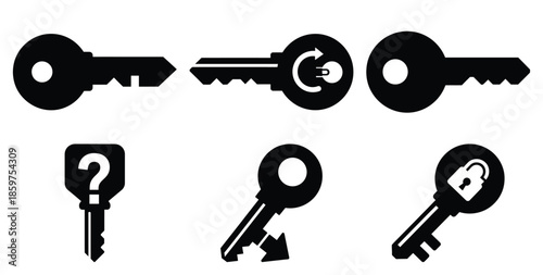 A black silhouette of a  password reset key icon set. Simple graphic element.