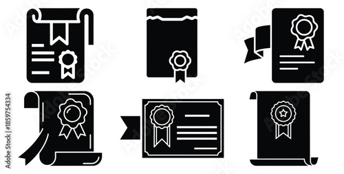 A black silhouette of a  patent certificate icon set. Simple graphic element.