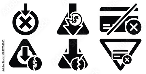 A black silhouette of a  payment failure alert icon set. Simple graphic element.