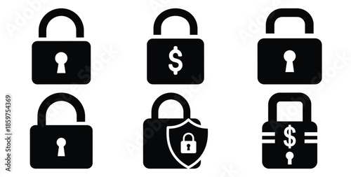 A black silhouette of a  payment gateway lock icon set. Simple graphic element.
