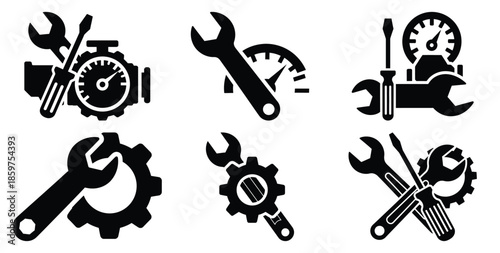 A black silhouette of a  performance tuning gear icon set. Simple graphic element.