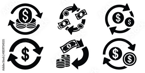 A black silhouette of a  refund money cycle icon set. Simple graphic element.