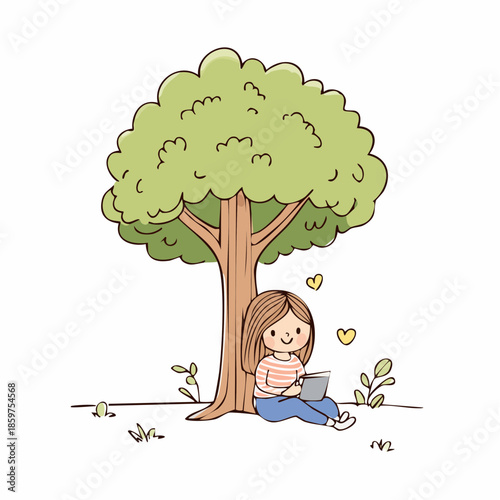 A young girl sitting under a large tree, working on a laptop with hearts surrounding her, in a serene outdoor environment
