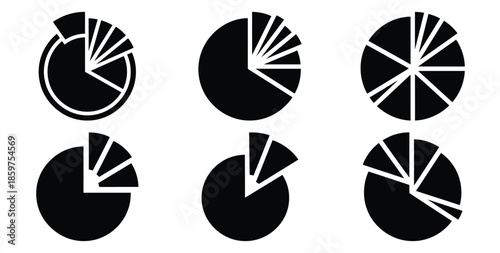A black silhouette of a  resource allocation pie icon set. Simple graphic element.