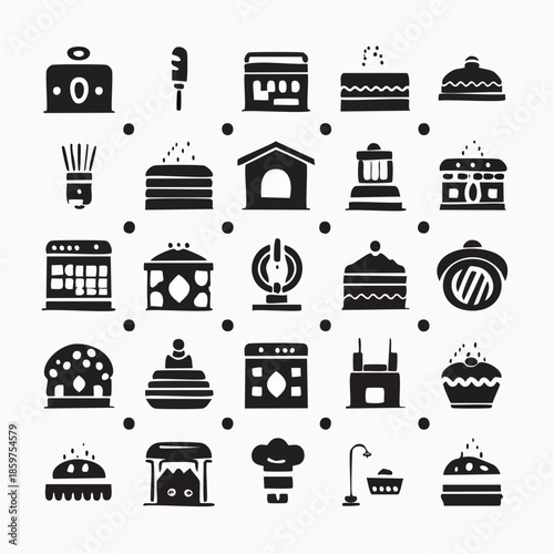Collection of Various Food Icons in Black and White Illustrations