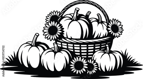 Black and white illustration of pumpkins and sunflowers in basket, harvest and autumn concept
