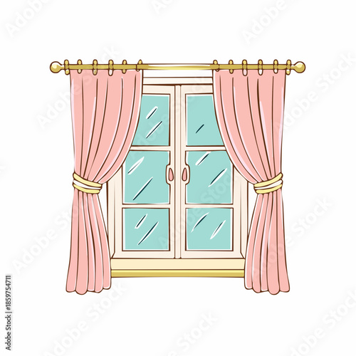 Illustration of a window with pink curtains and a gold rod