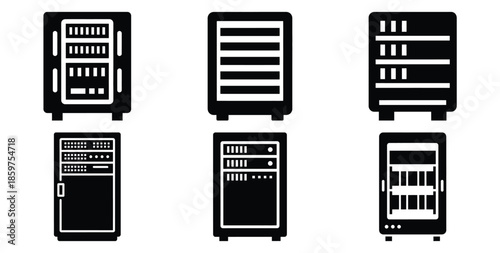A black silhouette of a  server rack cabinet icon set. Simple graphic element.