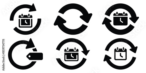 A black silhouette of a  subscription renewal cycle icon set. Simple graphic element.