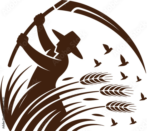 Farmer harvesting wheat with scythe and birds flying away, agricultural icon