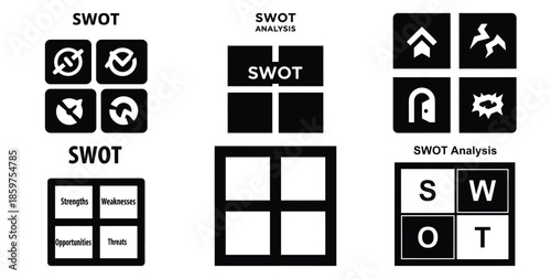 A black silhouette of a  swot analysis grid icon set. Simple graphic element.