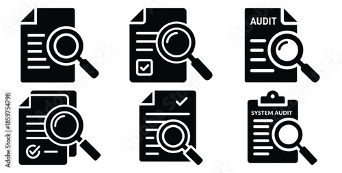 A black silhouette of a  system audit report icon set. Simple graphic element.