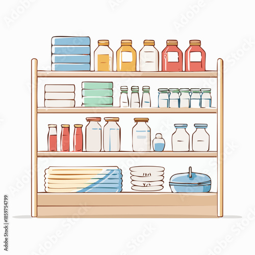 A vector illustration of a wooden shelf with various household items and kitchen supplies organized neatly on multiple levels
