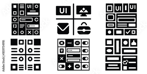 A black silhouette of a  ui components grid icon set. Simple graphic element.