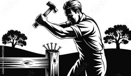  Blacksmith hammering nail on anvil in rural landscape, vector illustration