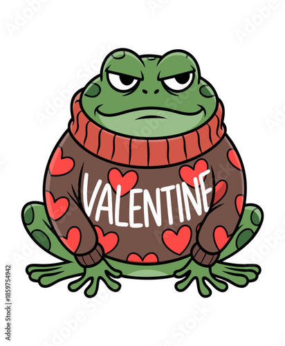 A cartoon illustration of a grumpy-looking green
frog wearing a brown sweater with red hearts and a red turtleneck collar. The sweater has the text "VALENTINE" written across the chest in white letter