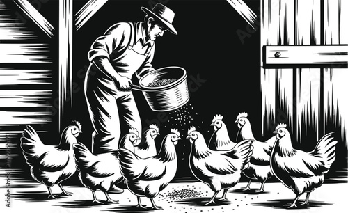Farmer feeding chickens in barn, illustration of man and hens