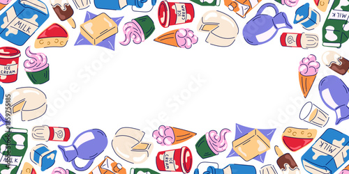 Frame with dairy product, milk, cheese, butter, cream and ice cream in flat style. Design for grocery store.