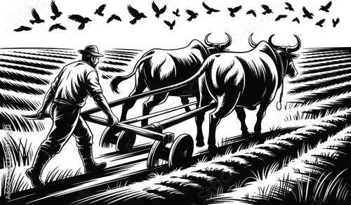 Farmer plowing field with oxen and plow, rural landscape illustration