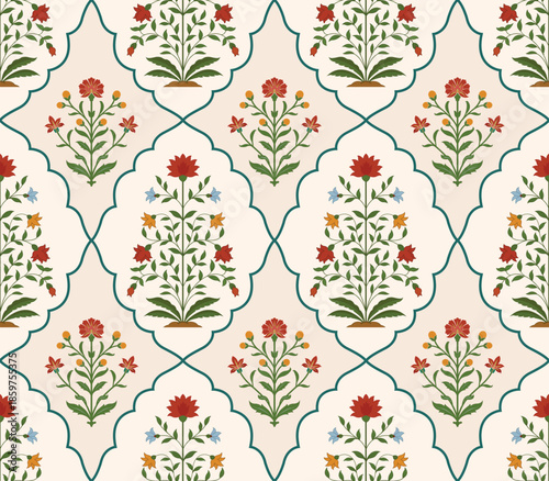Traditional Mughal floral motif seamless pattern with hand drawn vintage botanical flowers.
