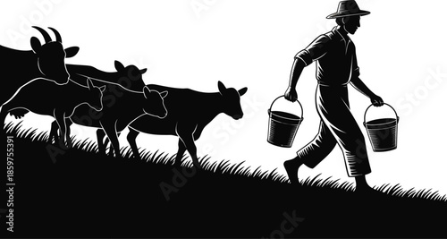 Farmer with goats silhouette for agriculture concept, black and white illustration