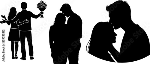 Various romantic couple silhouettes with flowers and sweet kiss