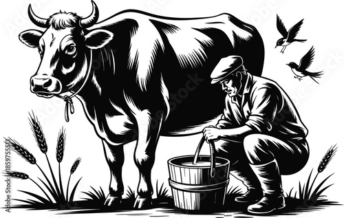  Farmer milking cow illustration, dairy farm scene with bucket and milk, vector black and white