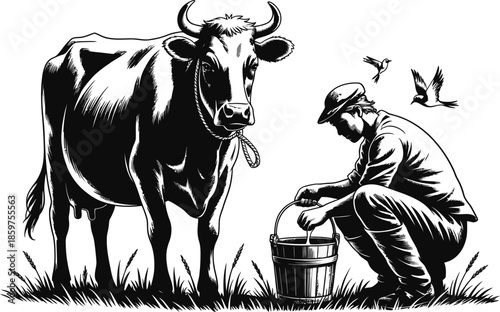 Vector Farmer milking cow vector illustration, black and white, farm scene