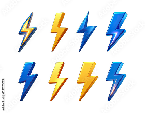 Free Download Assortment of eight stylized lightning bolts, rendered with gradient shading on a black background - GFXLoad