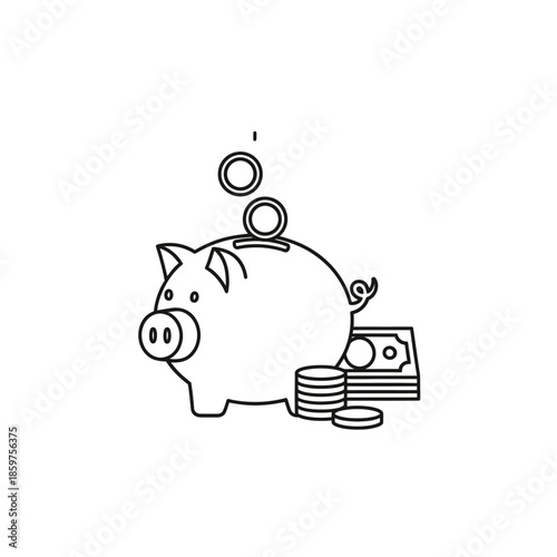 Cute Piggy Bank with Coins and Cash for Financial Savings Concept