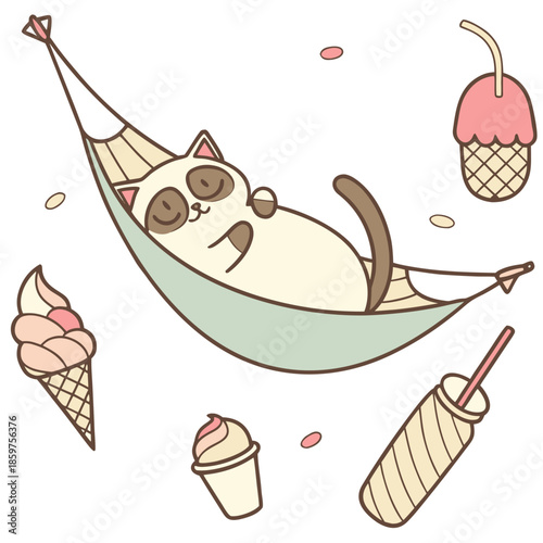 Cute Relaxed Birman, accessorized with in a hammock, in a Ice cream party world – Scoops & Swirls palette vector