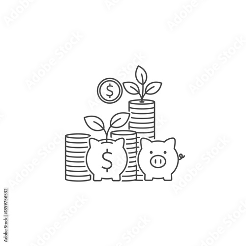 Financial Growth Concept with Money Coins and Plant Growing from Piggy Bank