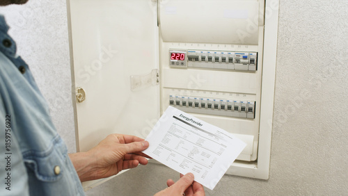 Valokuva A man with an electricity bill in hand stands in front of his home electrical panel, assessing the shutdown of unnecessary electricity consumers