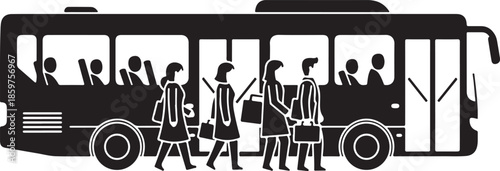 People boarding a bus on a white background