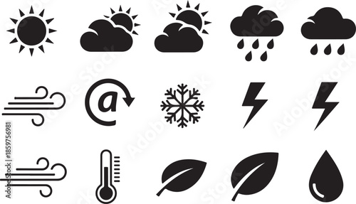 Collection of weather forecast icons in black silhouette