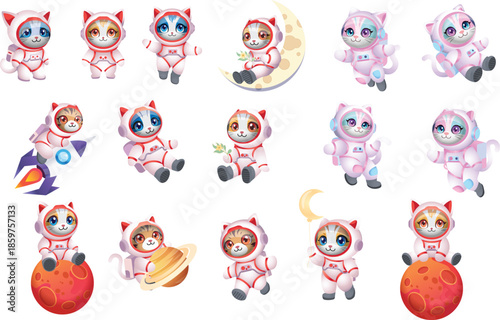 Set of cat space astronaut cartoon vector character illustration.