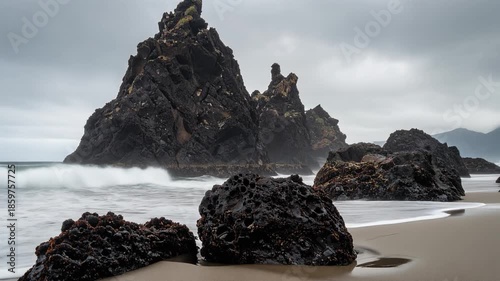Rugged Coastal Majesty: Majestic rock formations emerge from the ocean's embrace under a dramatic, cloudy sky, showcasing the raw, untamed beauty of the coastline.