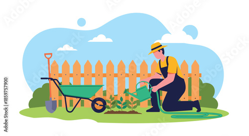 Man wearing a hat and overalls watering young plants in a garden with a watering can for hobby gardening or agriculture.