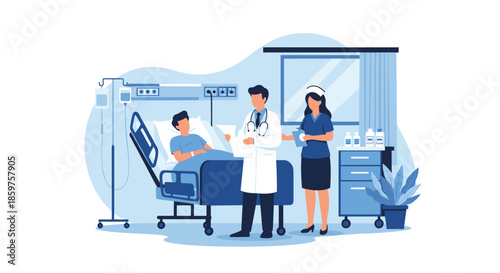 Doctor and nurse attending to a male patient lying in a hospital bed in a modern and clean hospital room environment.