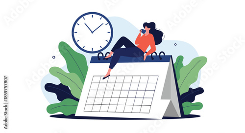 Woman taking a coffee break sitting on a large desk calendar next to a clock representing schedule planning and relaxation.