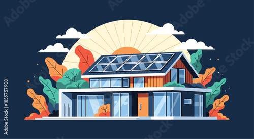 Modern eco-friendly house with solar panels on the roof surrounded by lush trees and plants with the sun rising in the background.