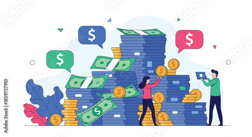 Man and woman stacking large piles of money and coins symbolizing wealth financial success and profitable investments.